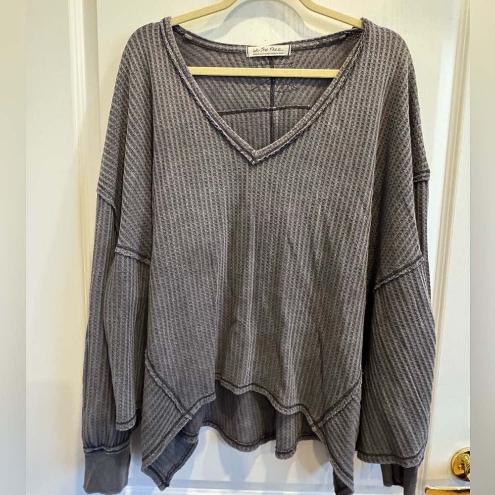 Gray V-Neck Women's Sweater waffle